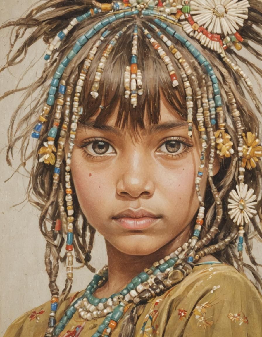 Young Girl with Beaded Hairstyle Portrait