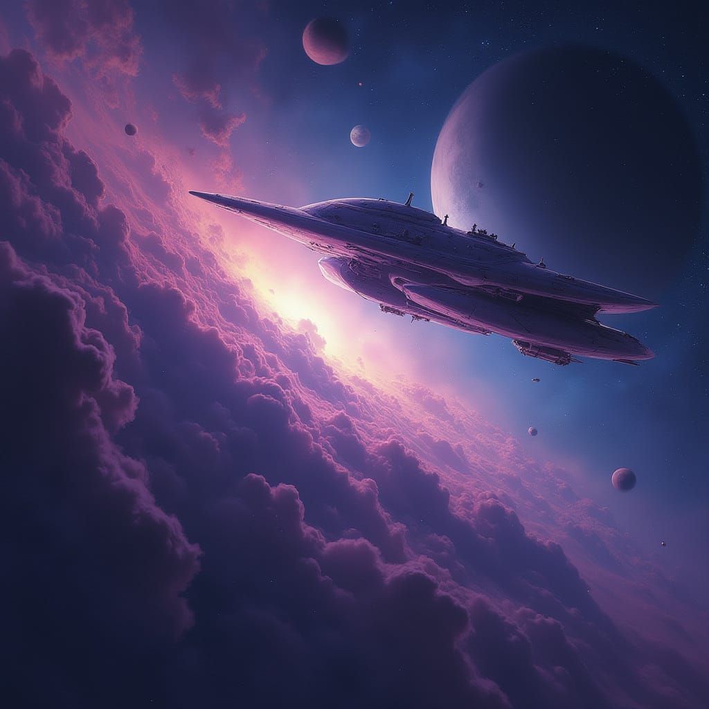 Sleek Spaceship Enters a Galaxy of Swirling Purple and Blue ...