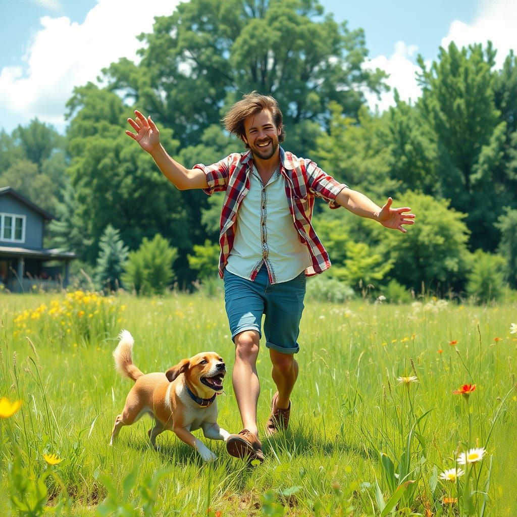 Man Plays Fetch with Lively Dog in Sun-Drenched Meadow