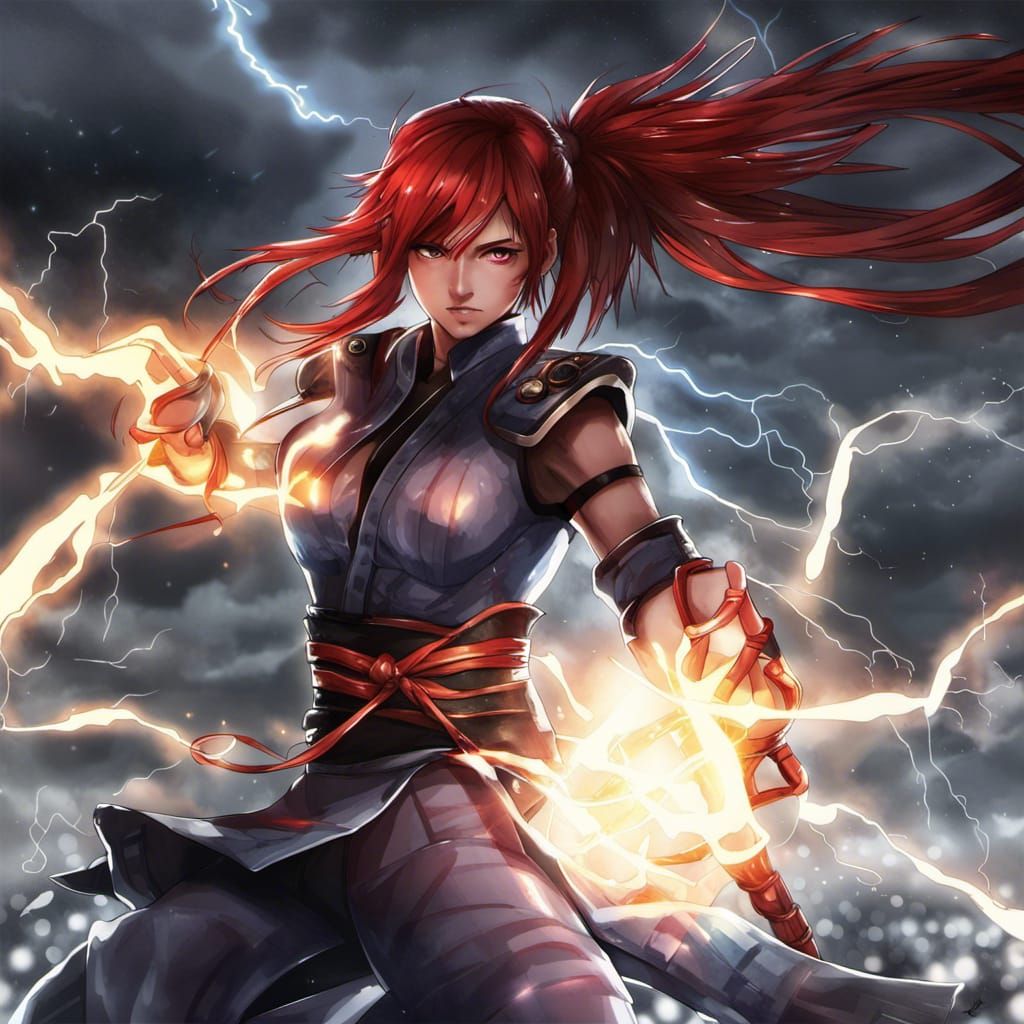 Red-Haired Warrior in Thunderstorm, Anime Style