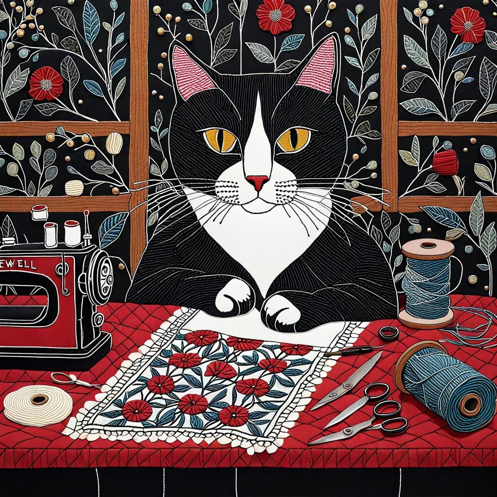 Whimsical Cat Sewing Folk Art Embroidery