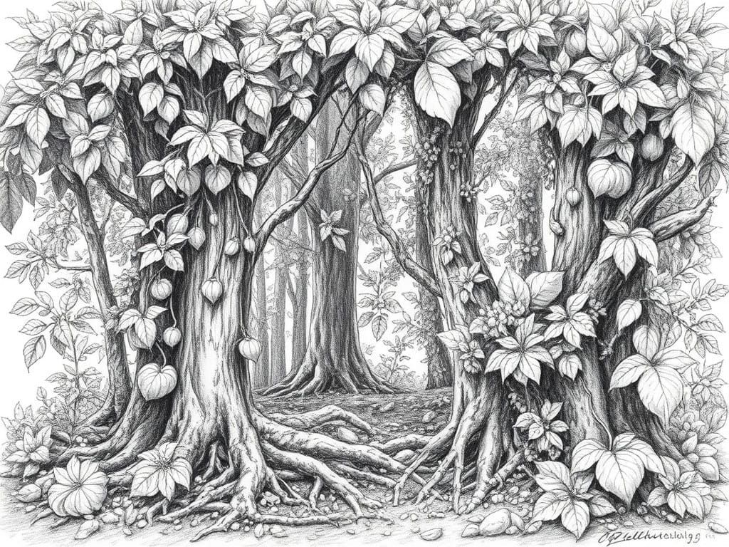 Lush Forest Pencil Drawing in Moody Detail