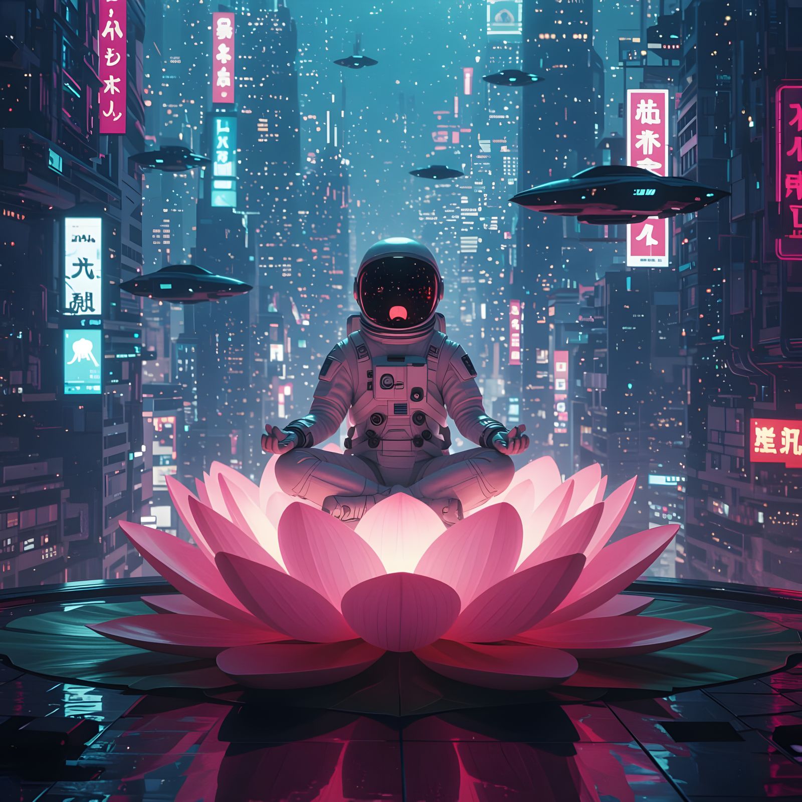 Astronaut Meditating on Lotus in Cyberpunk Cityscape