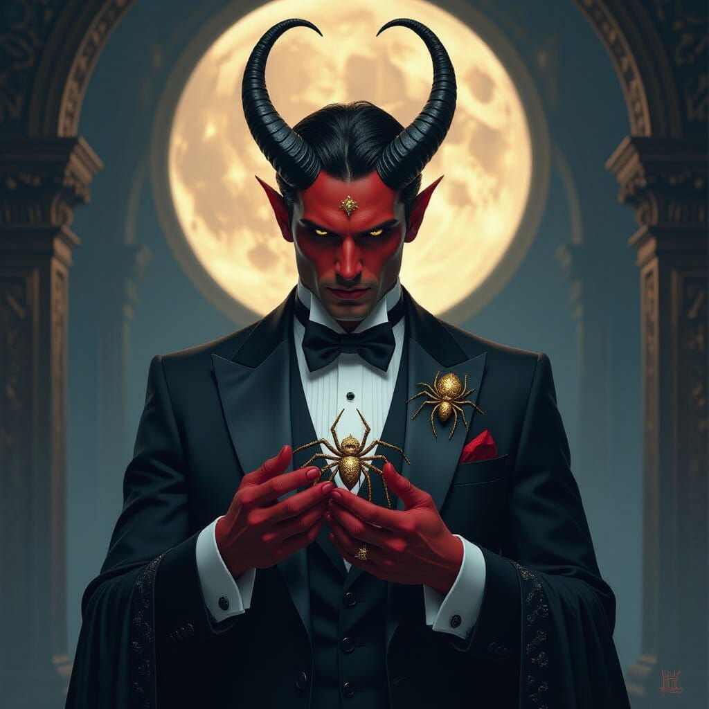 Devil in Formal Wear Holds Golden Spider, Dark Eerie Art