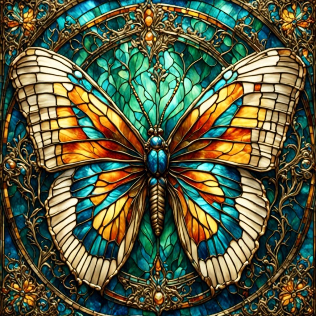 Stained Glass Butterfly Stares, Digital Art Masterpiece