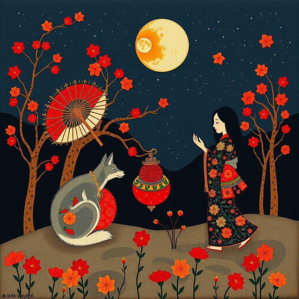 Folk art, Autumn WOLF SHIFTER MOON festival, moonlit offerin...