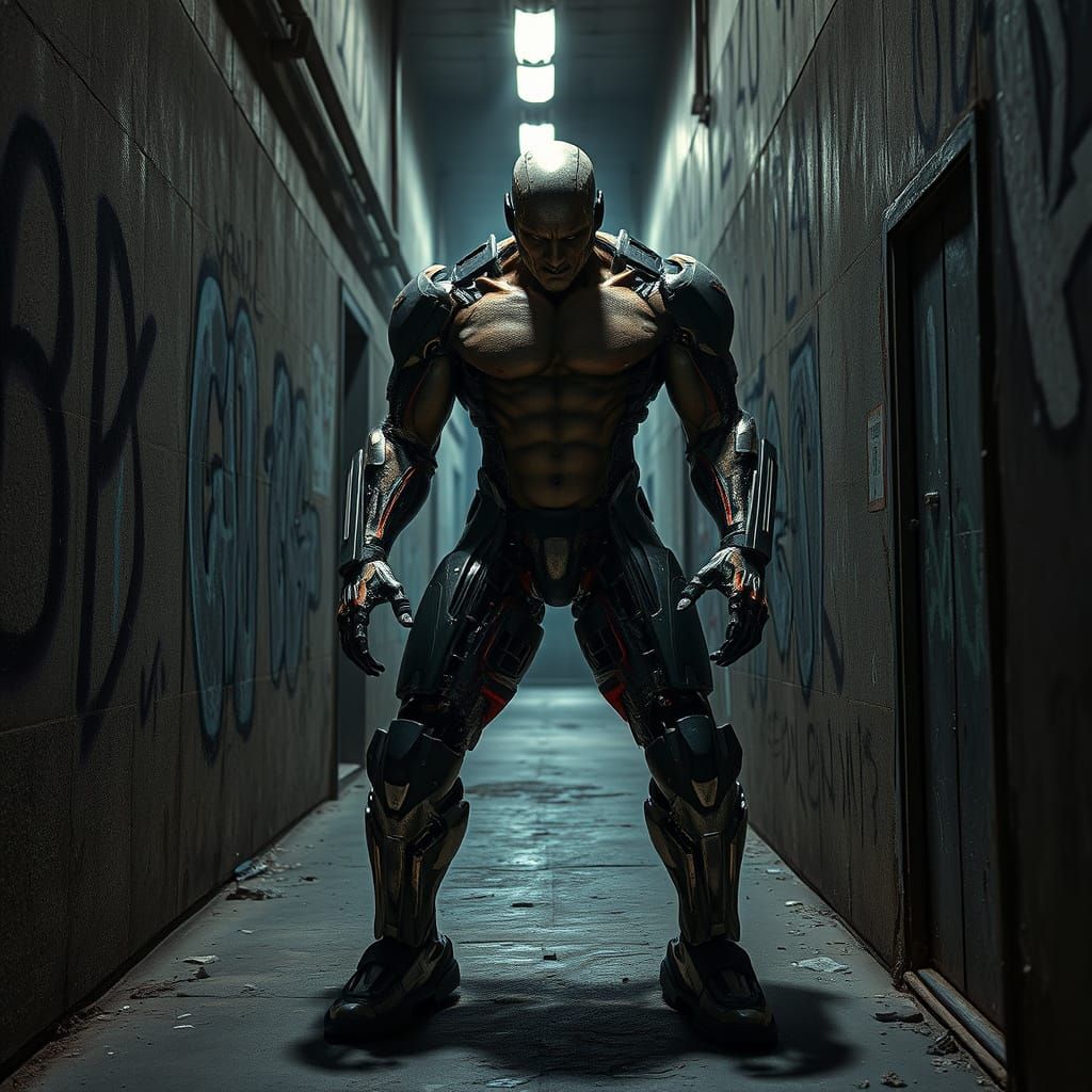 Cyborg Warrior in a Dark Alley
