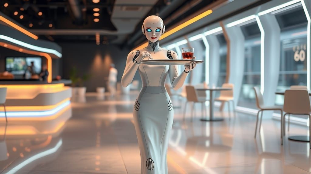 Robotic Waitress Rosie in Futuristic Café
