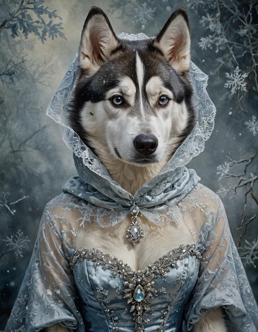 Surreal Husky Portrait in Snowy Velvet Dress