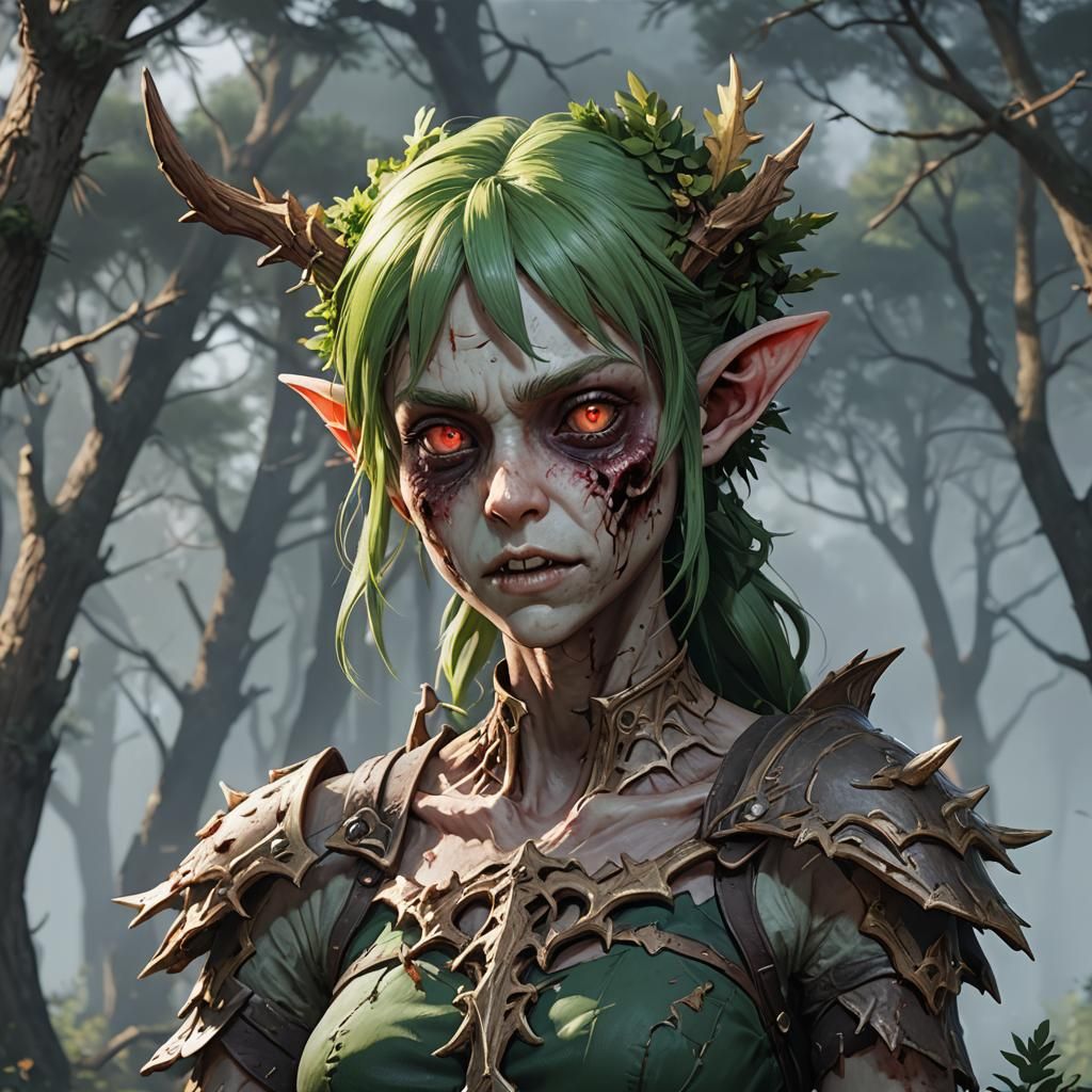 Detailed 3D Anime Pine Zombie Elf Concept Art