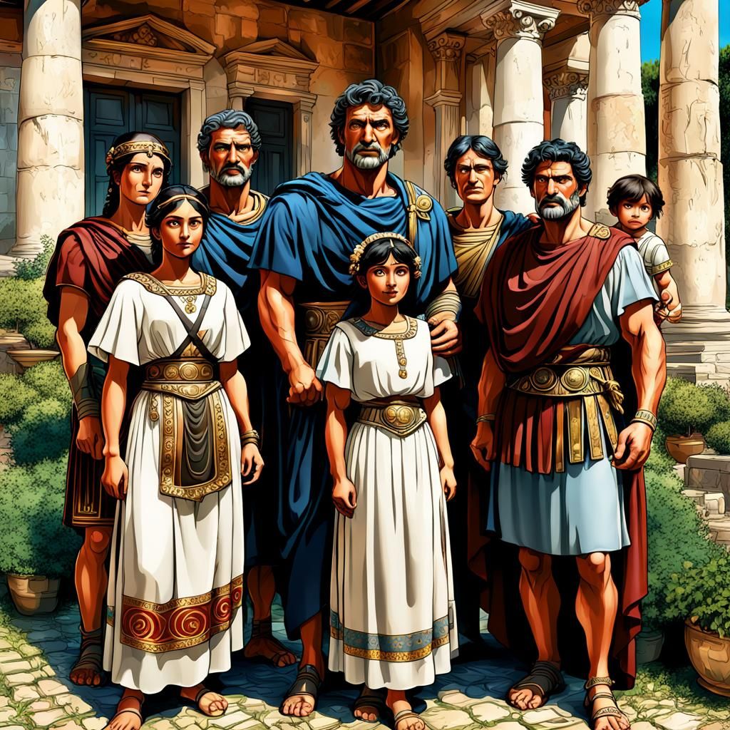 Vibrant Roman Family Scene in Hyperrealistic Style