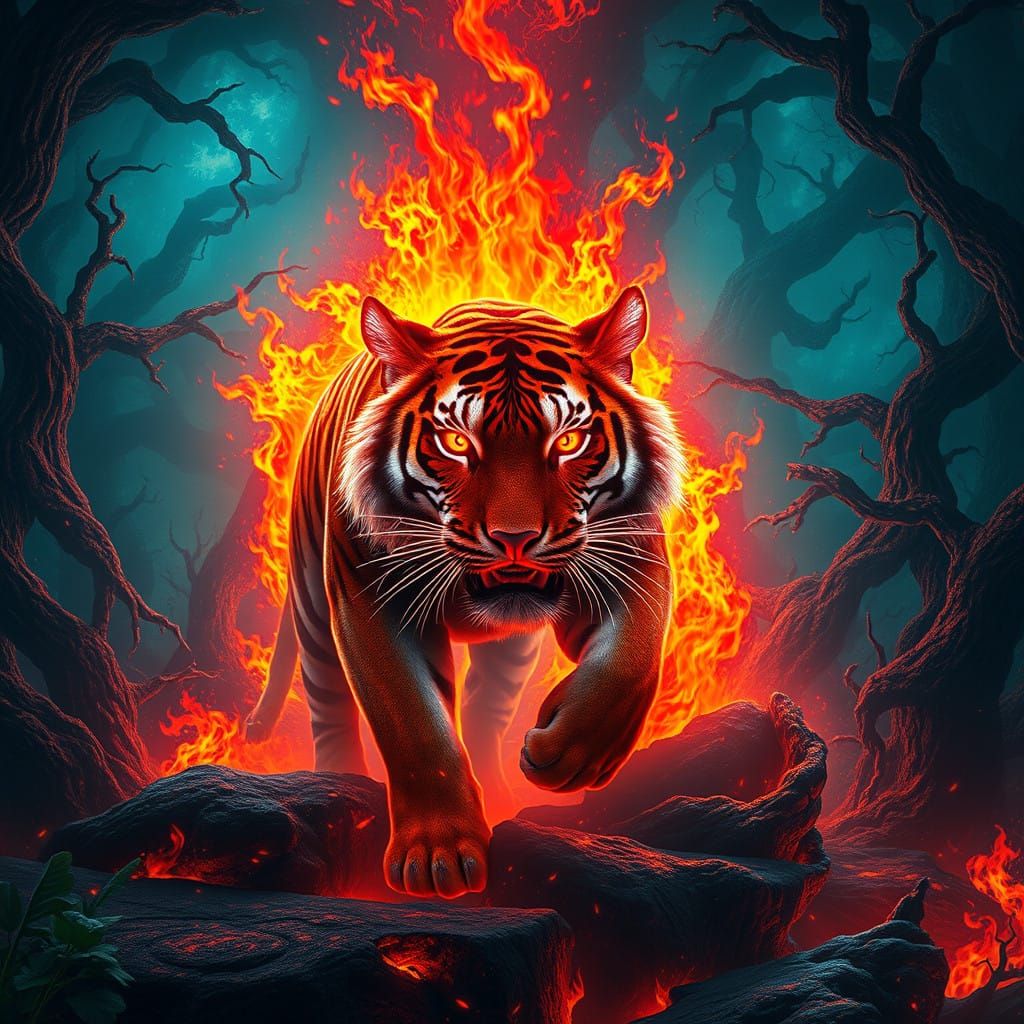 Neon Tiger Unleashed in Ancient Mystic Forest