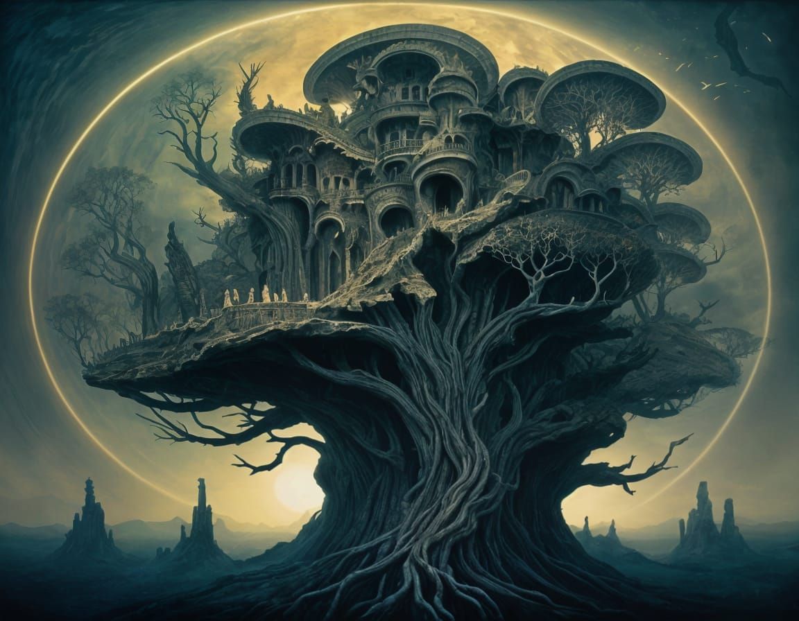 Surreal Landscape Inspired by Escher, Beksinski, Giger