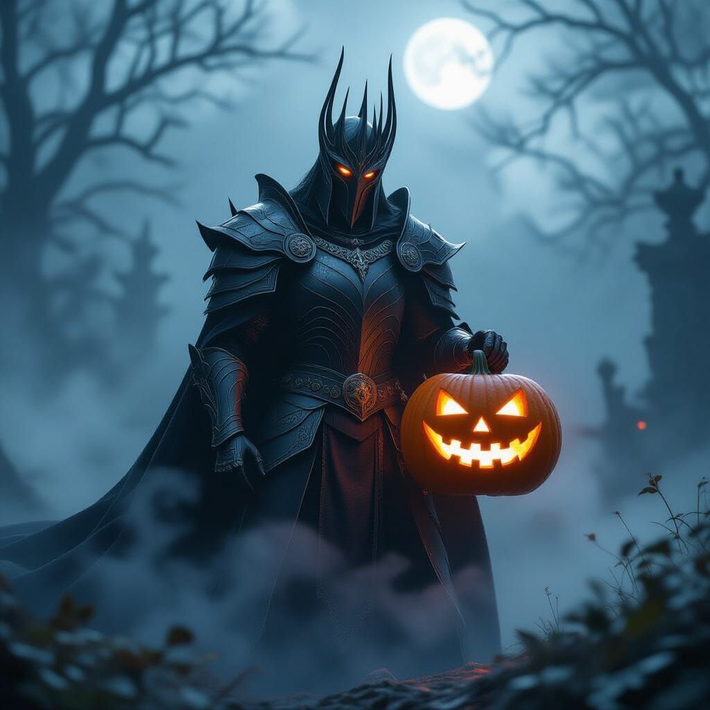 Sauron with Glowing Pumpkin in Spooky Moonlight