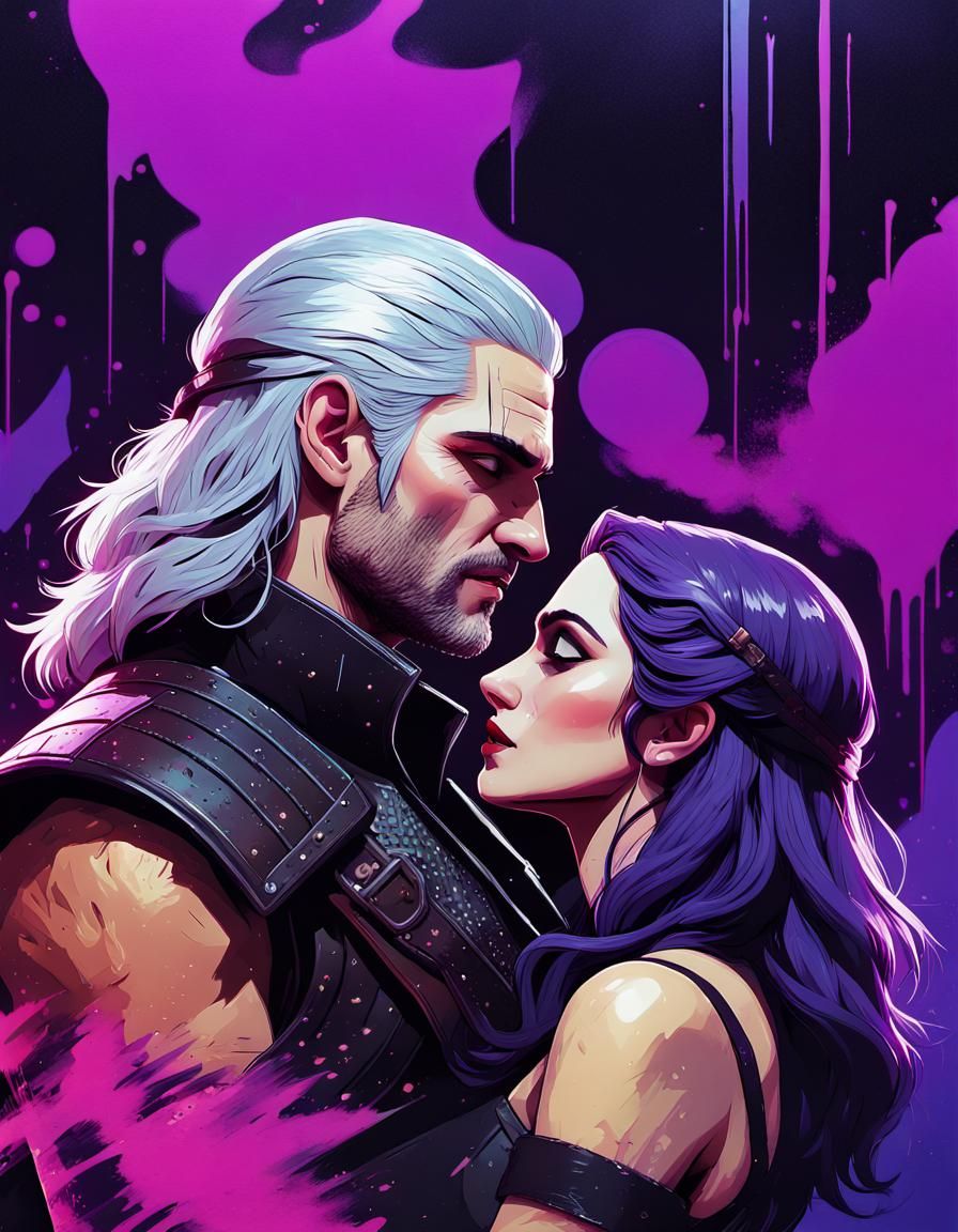 The Witcher Geralt of Rivia, kissing his lover Yennefer of Vengerberg. The Witcher 3 videogames. Magical purple haze aro...