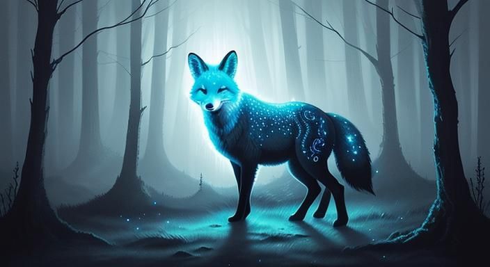 Bioluminescent Ink Fox in Moonlit Forest