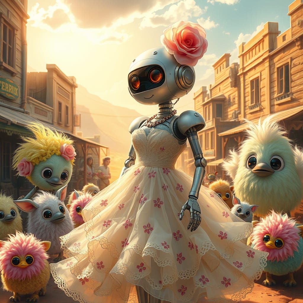 Robot in Floral Dress with Rainbow Creatures