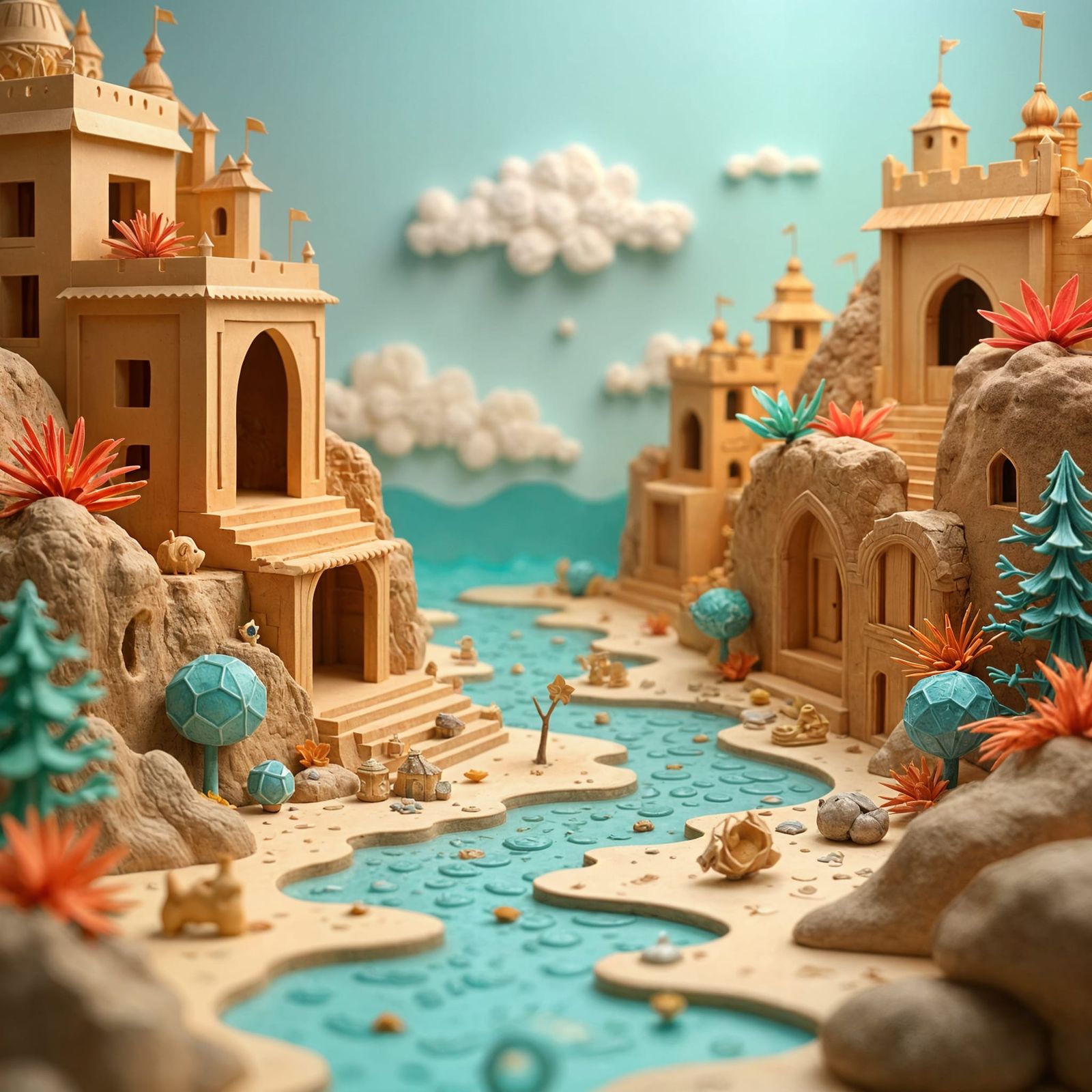 Whimsical Papercraft Seashore Realm in Earthy Tones with Mag...