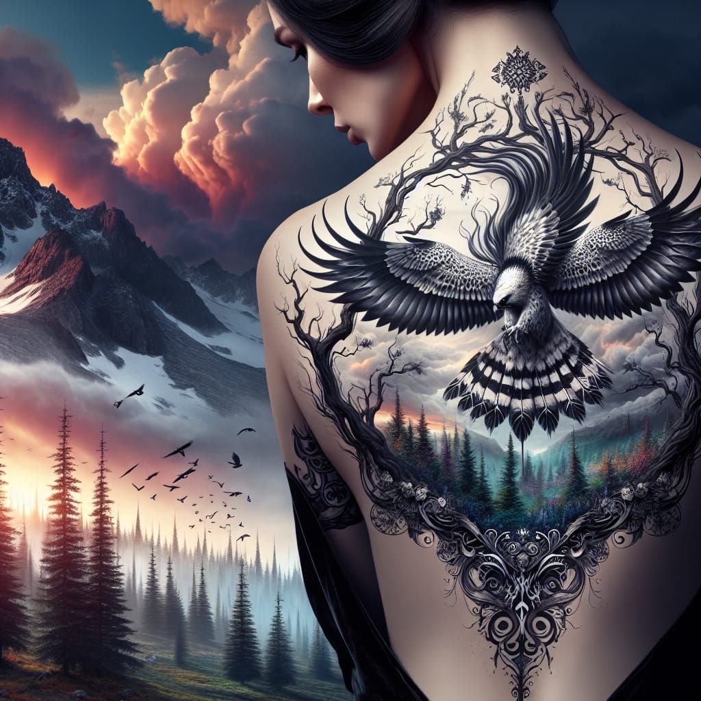 a tattoo of a Falcon in black and white spanning across the back of a Woman. A banner below reads "Ryan's Queen"
