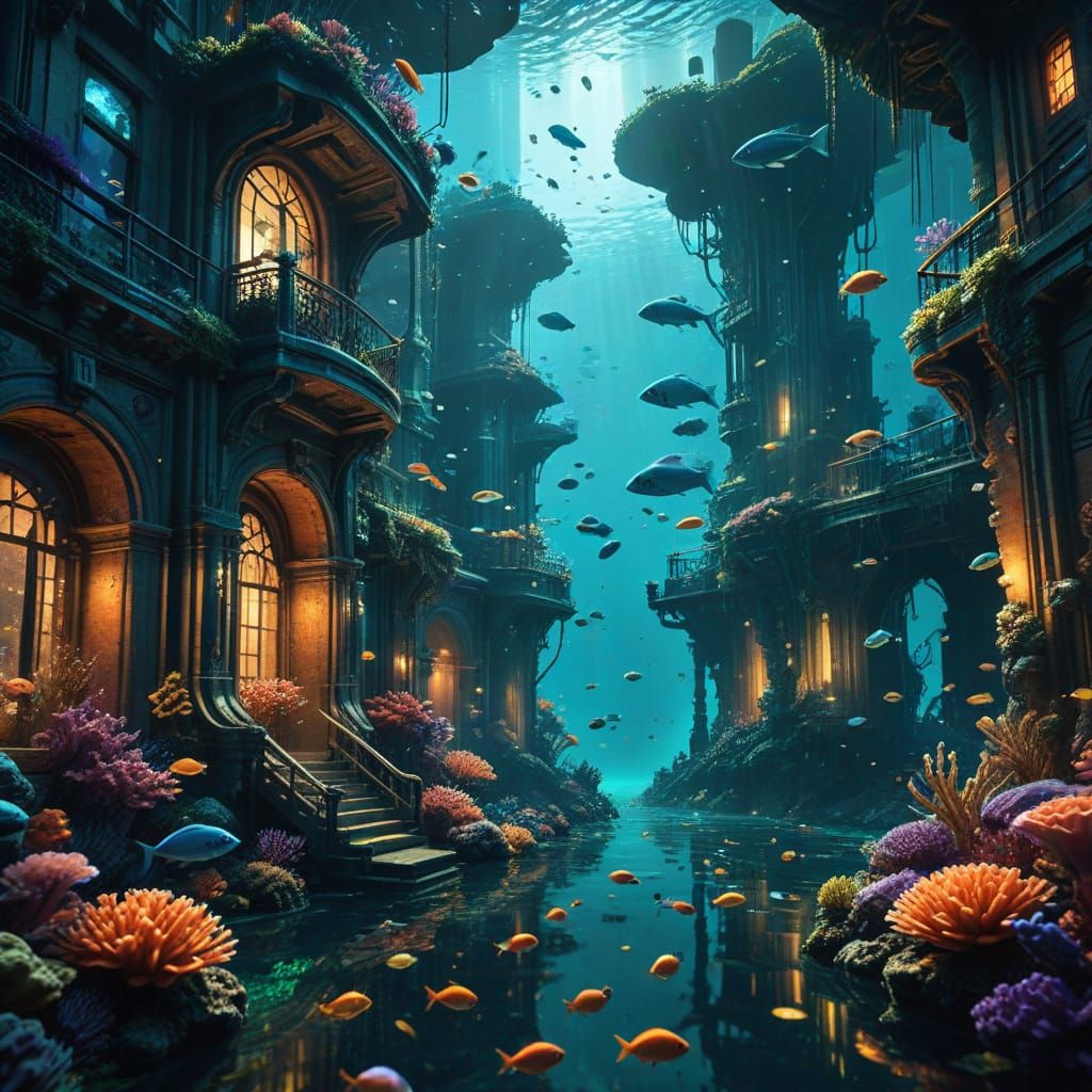 Underwater Metropolis with Coral and Fish in Art Deco Style