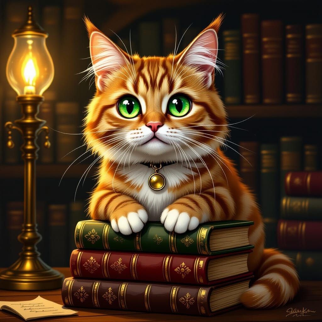Whimsical Cat with Emerald Eyes on Books