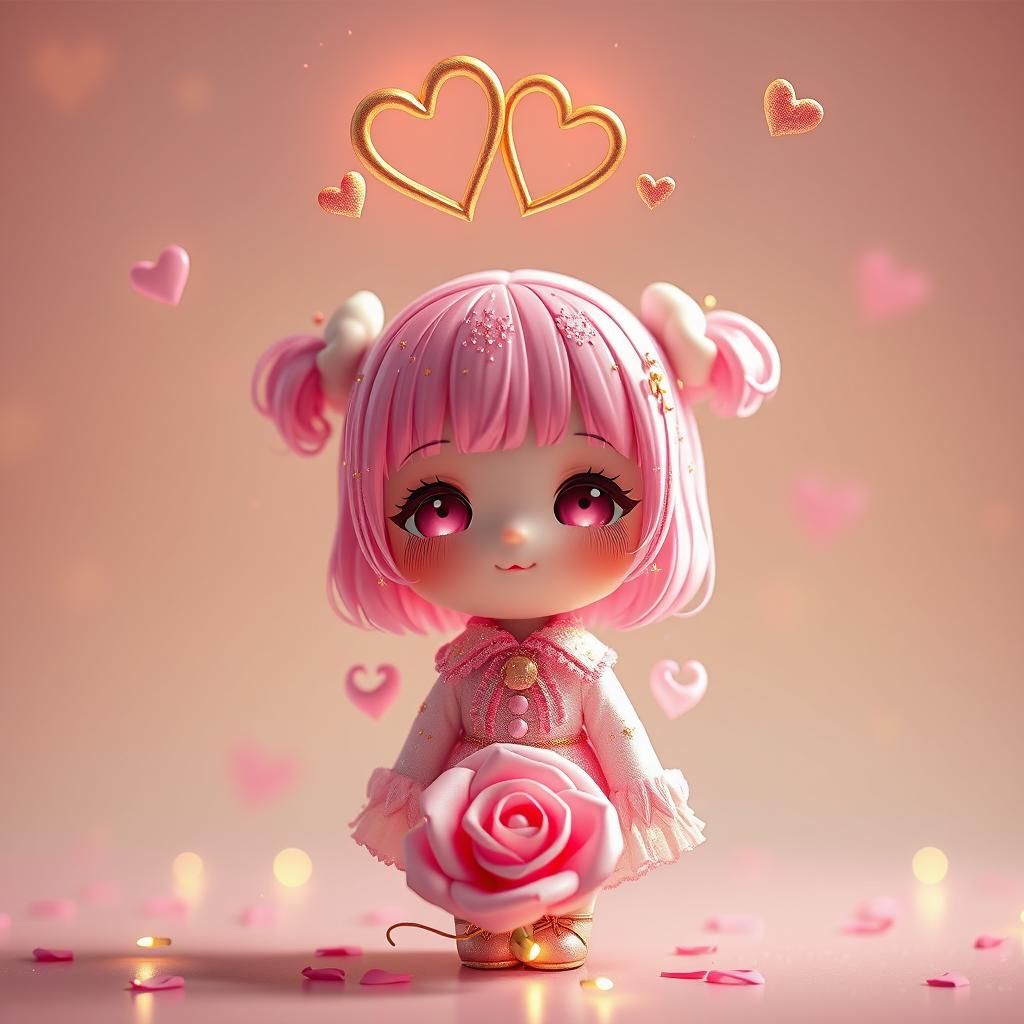 Charming Chibi Character in 4D Style with Pink and Gold