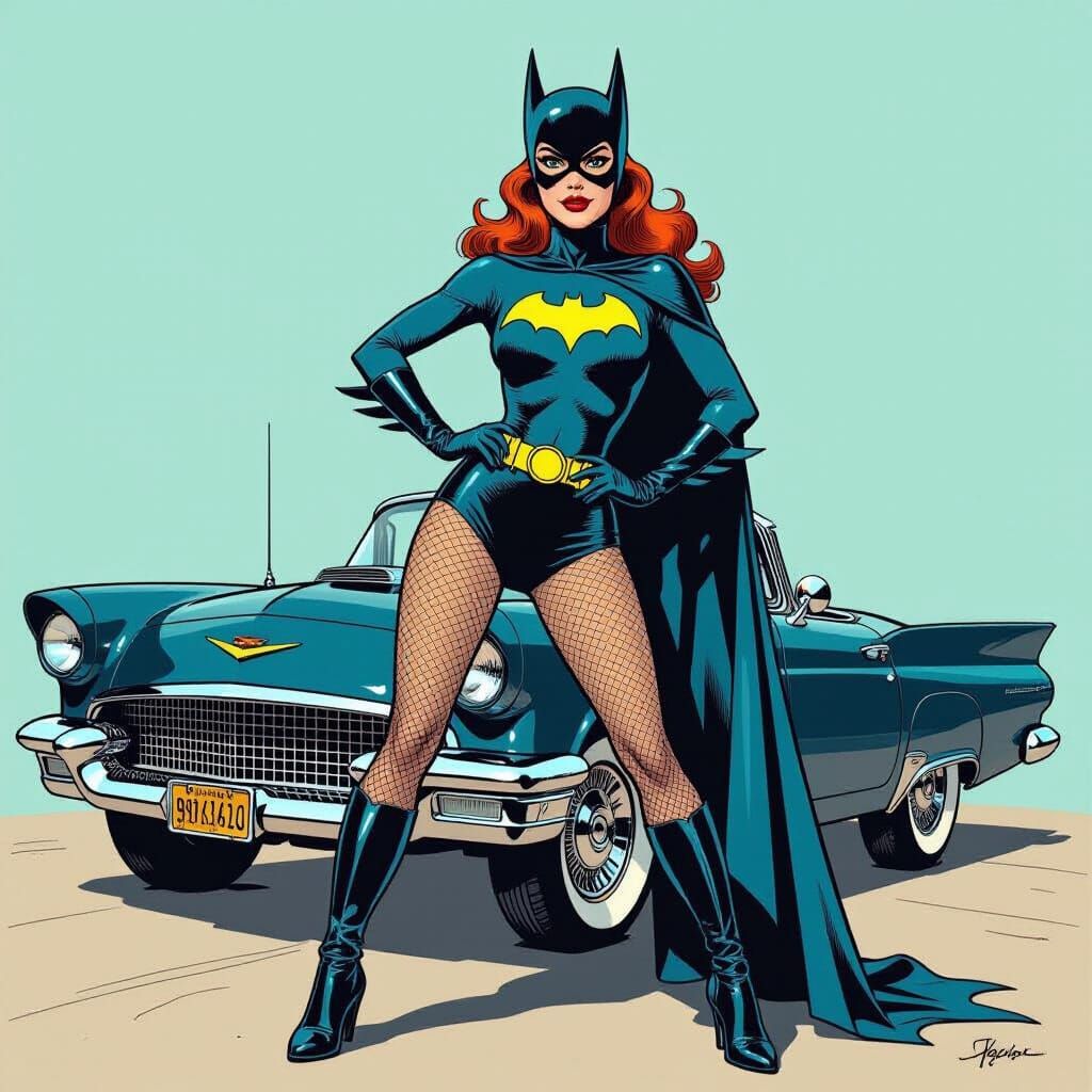 Batgirl as 1960s Pin-Up Girl near Joker's Car