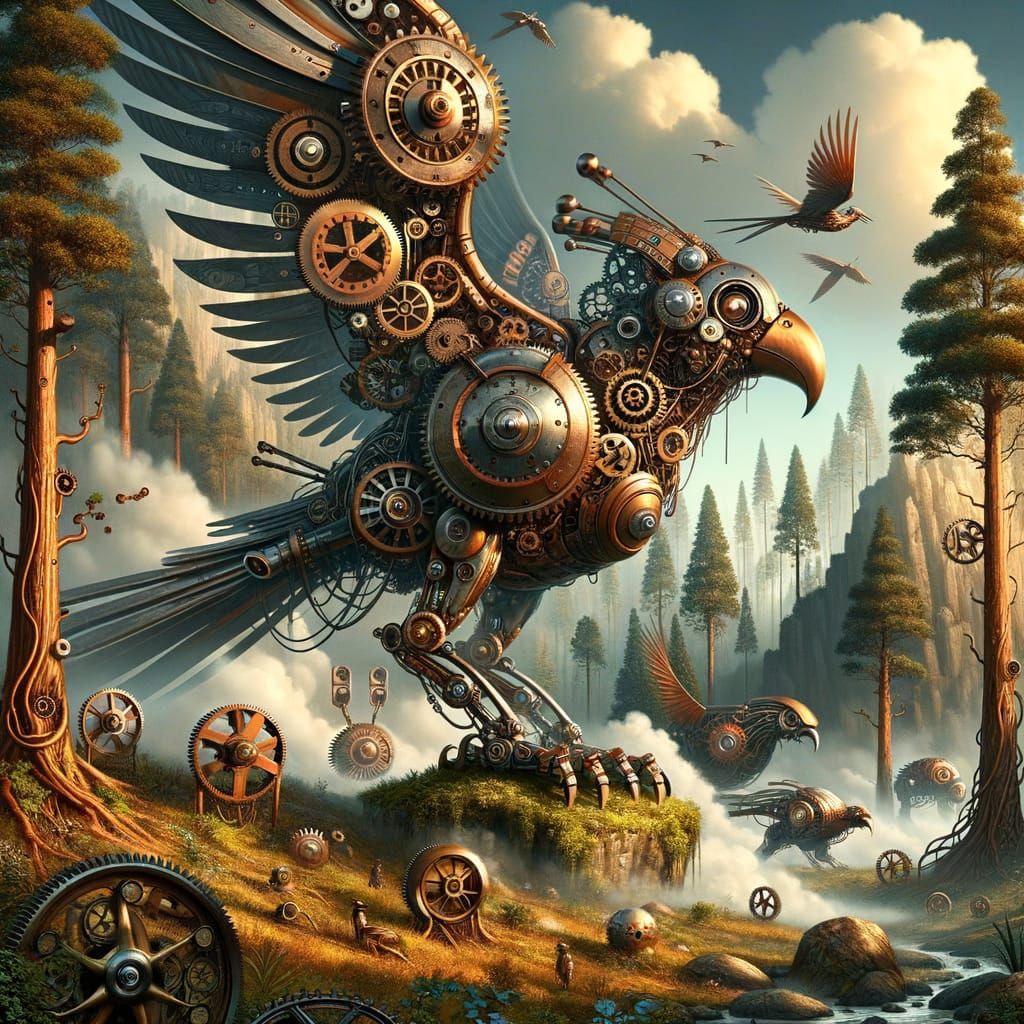 Steampunk Bird Soaring in a Steam-Powered World