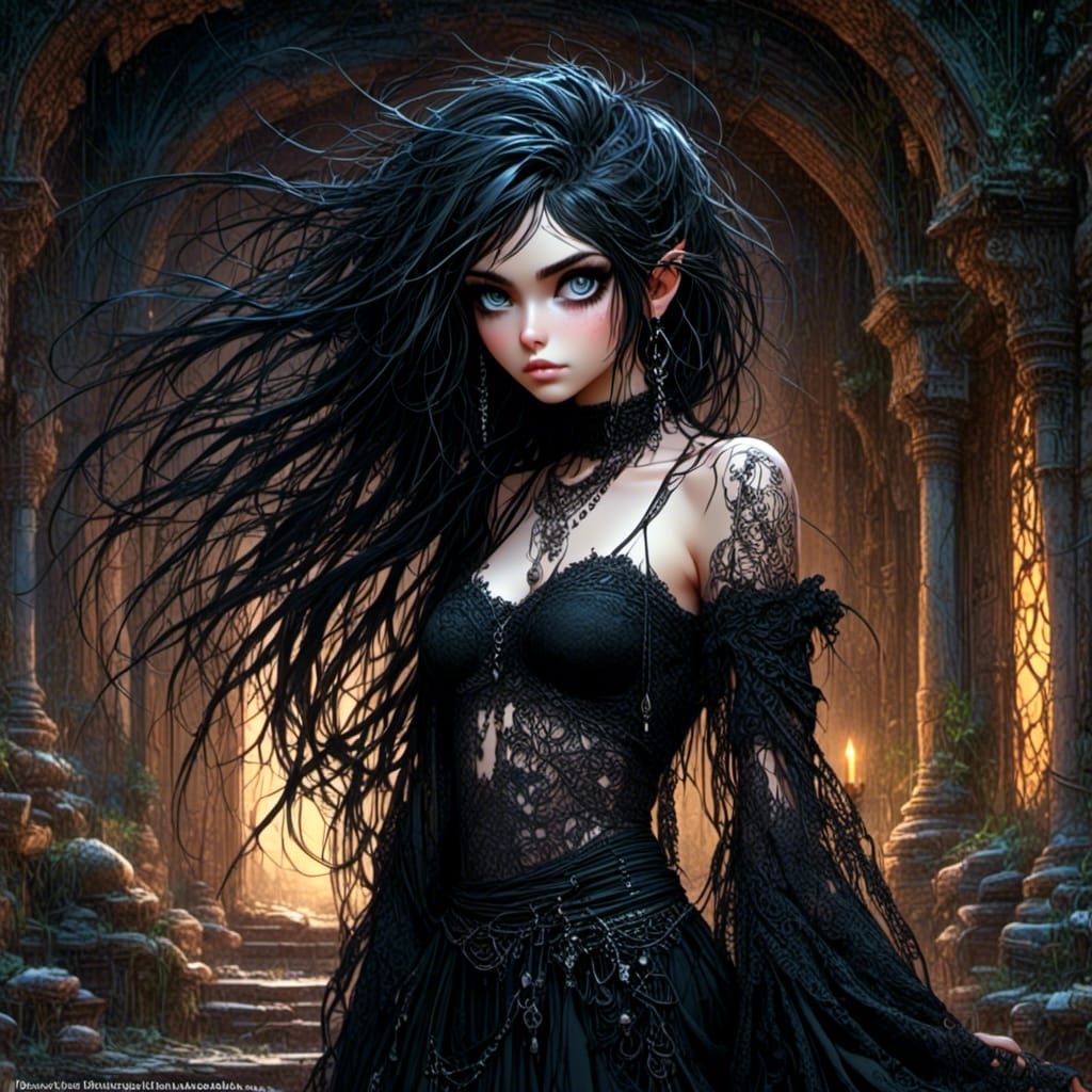 Emo Goth in Ancient Ruins: Fantasy Anime Art