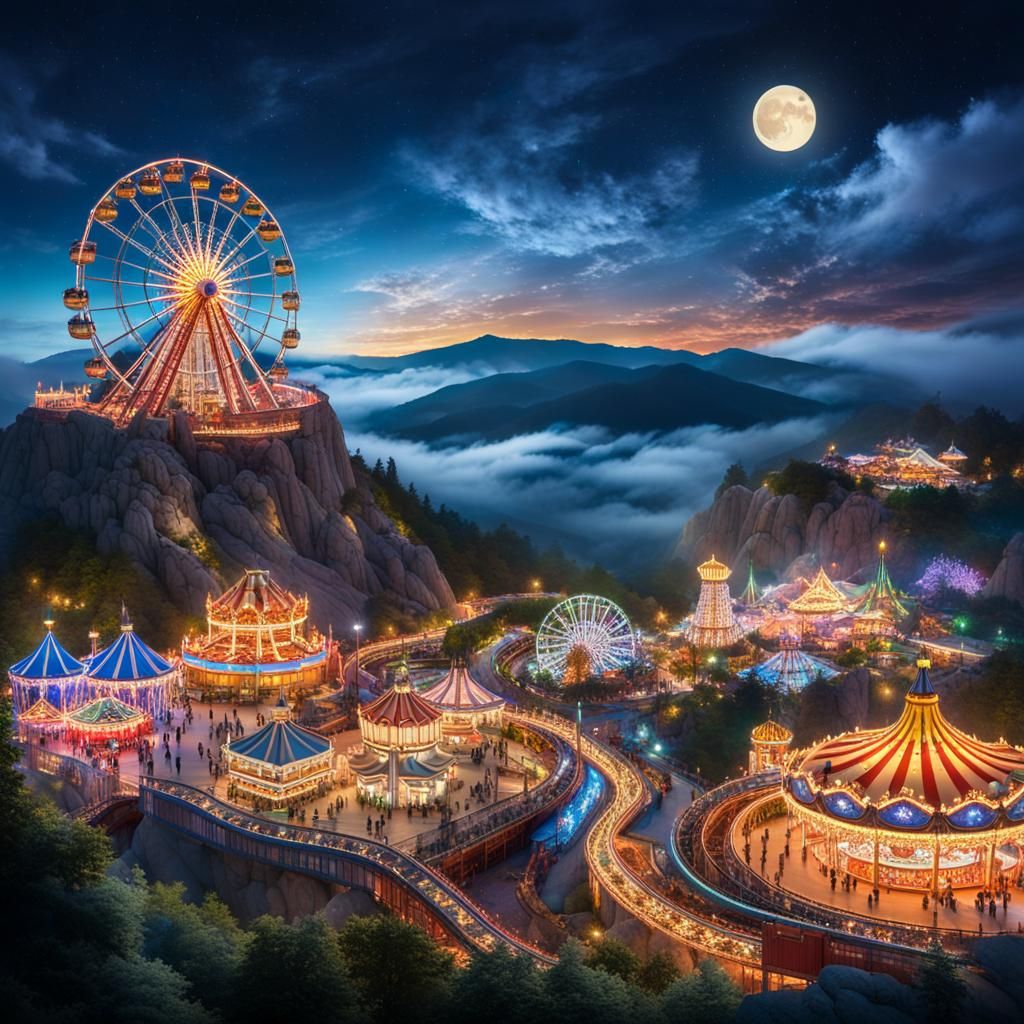 Hilltop Amusement Park at Night in Hyperrealistic Style