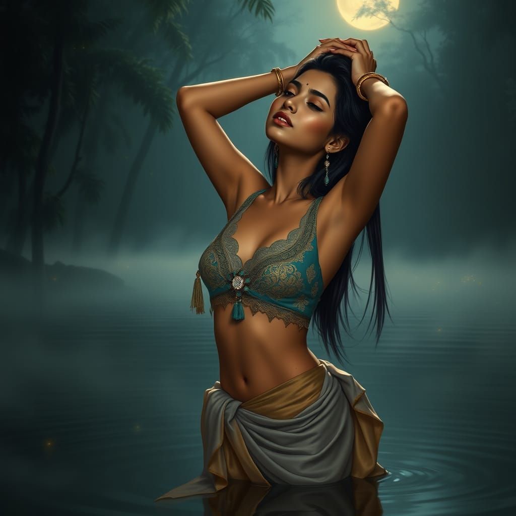 Serene Indian Goddess in Moonlit Forest