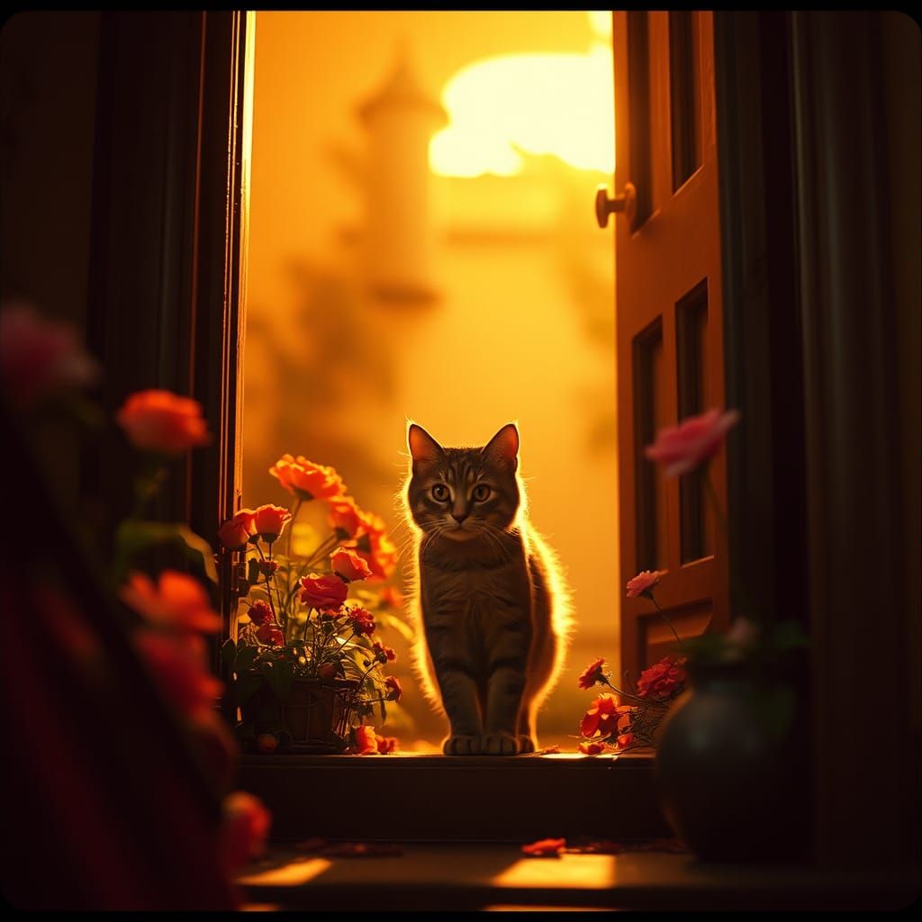 Cat Enters Floral Doorway in Cinematic Style