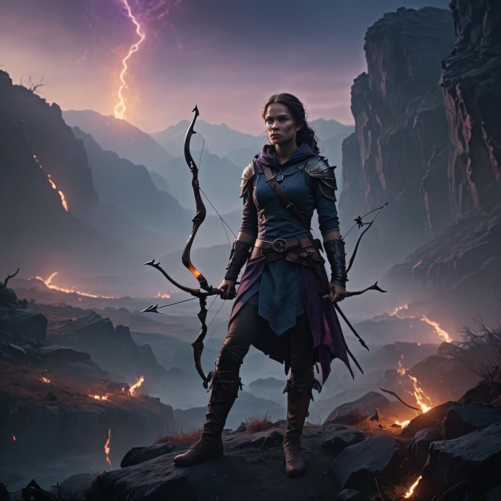 Abyssal Huntress in Ethereal Landscape, Cinematic Still