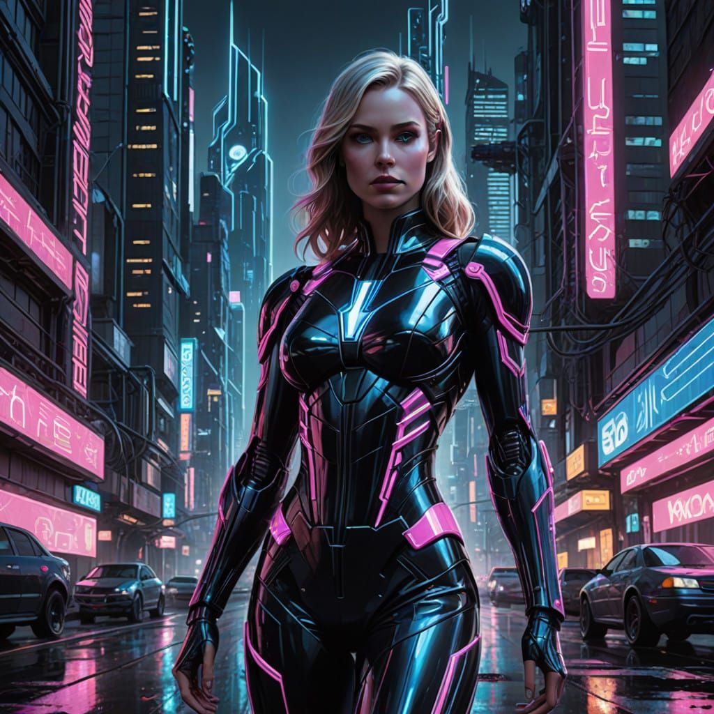 Cybernetic Heroine in Futuristic Metropolis