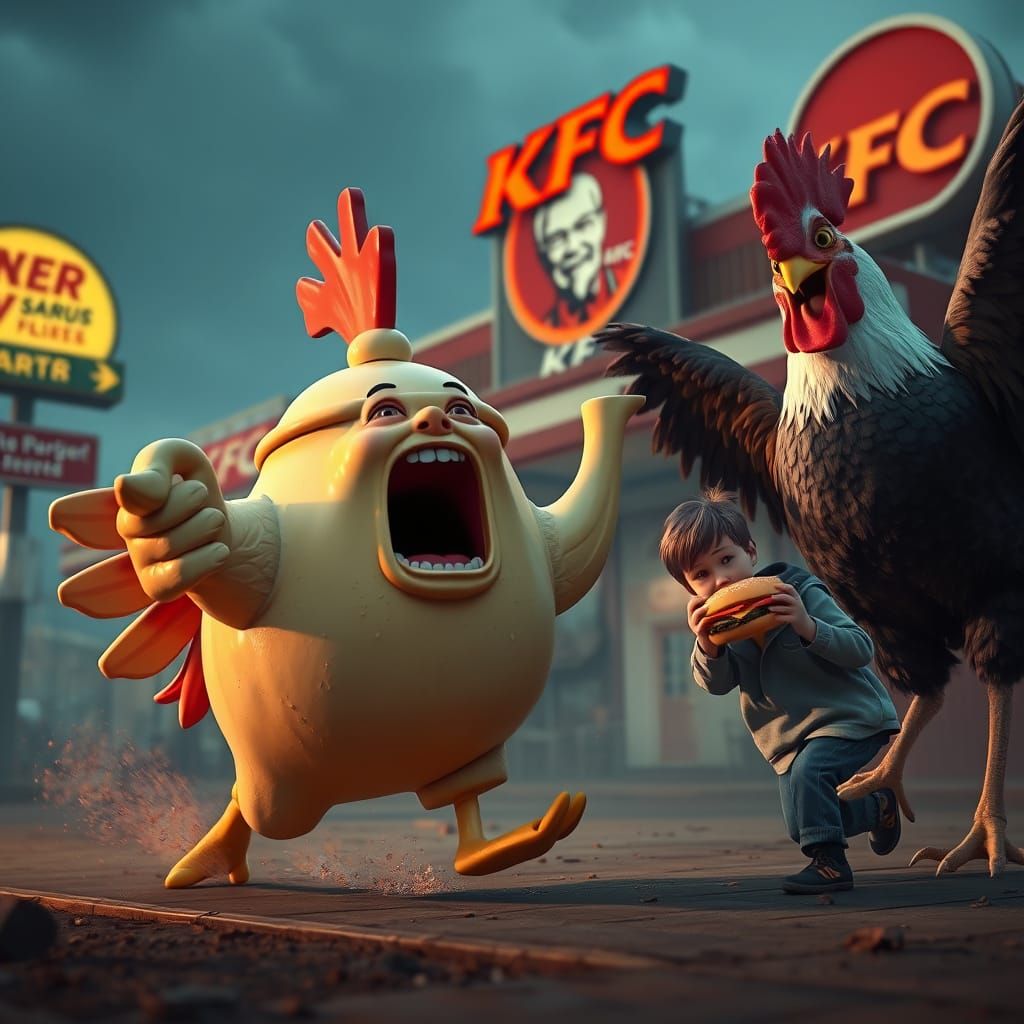 Terrified Teapot Chicken Running From Rooster