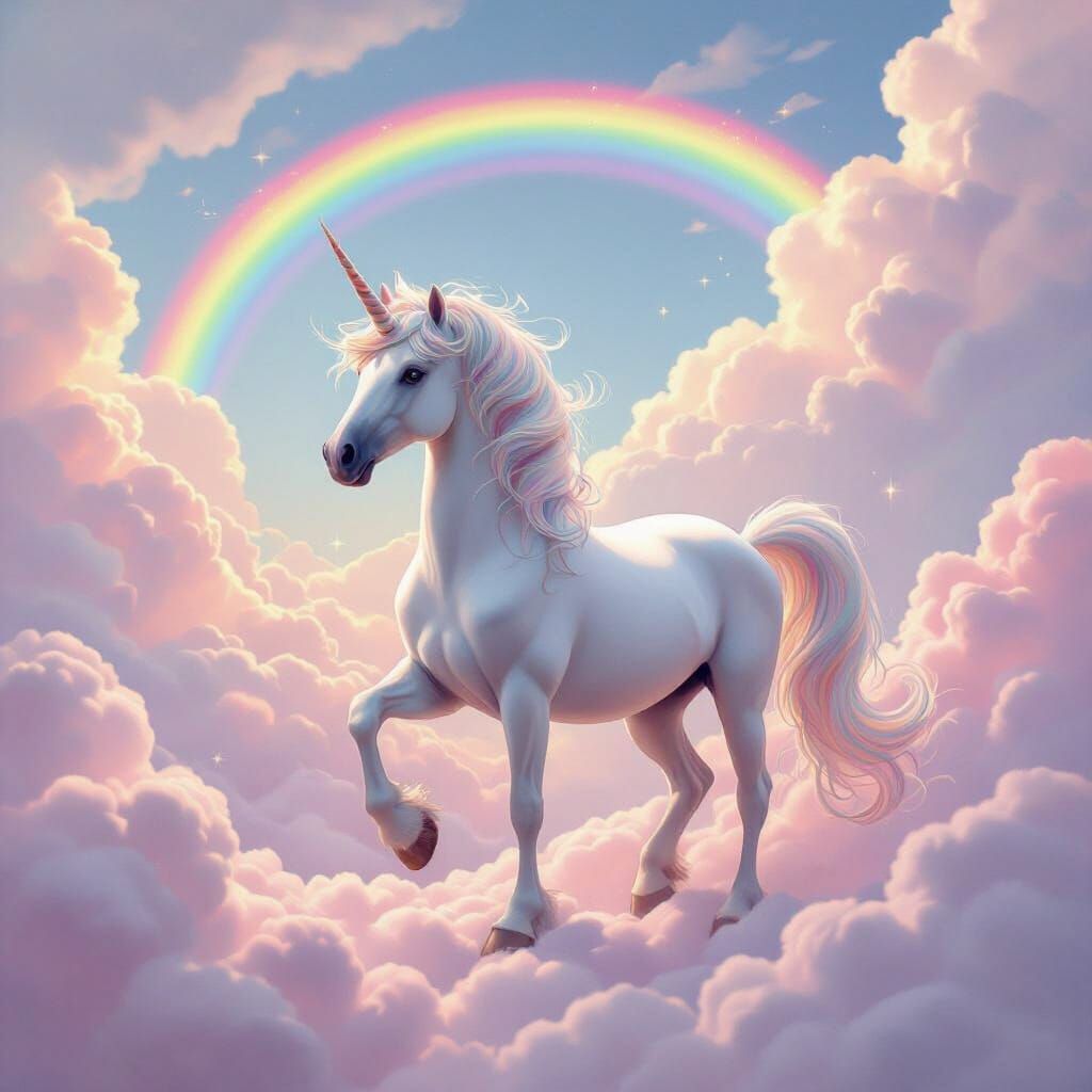 Majestic Unicorn Amidst Cotton Candy Clouds & Rainbows