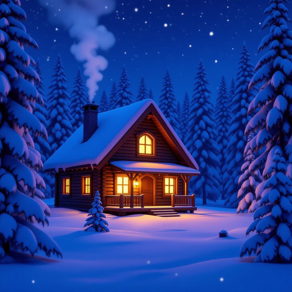 Cozy Cabin in Snowy Forest at Night