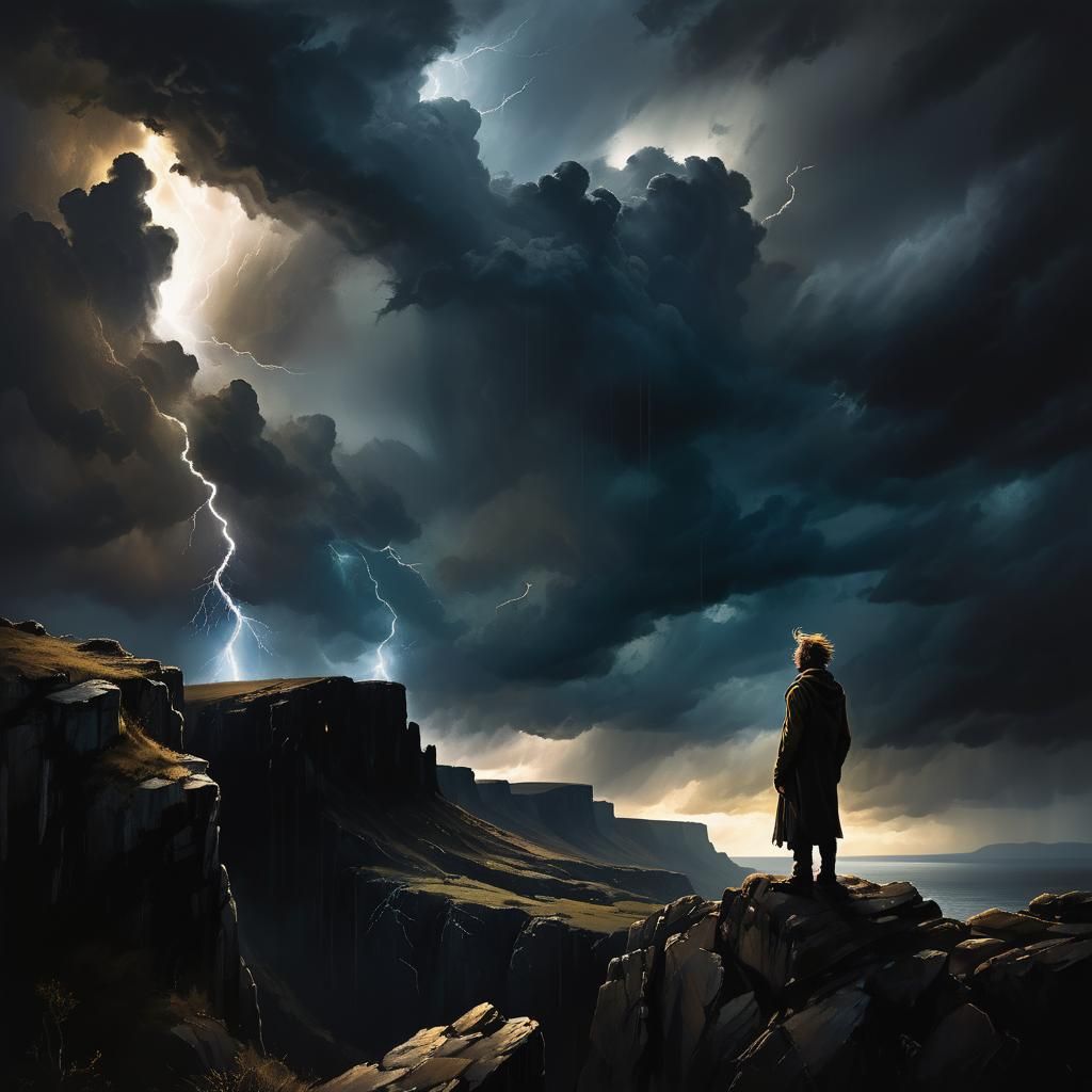 Ominous Landscape Painting of Figure Before Storm