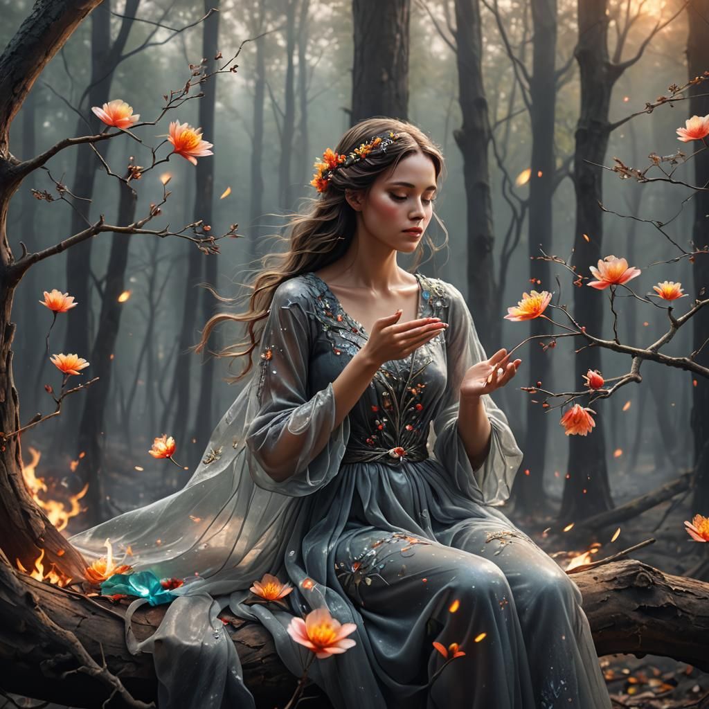 Glass Woman with Flowers in Forest Landscape