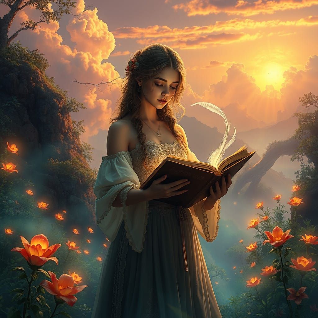 Dreamlike Poetess in Enchanted Landscape