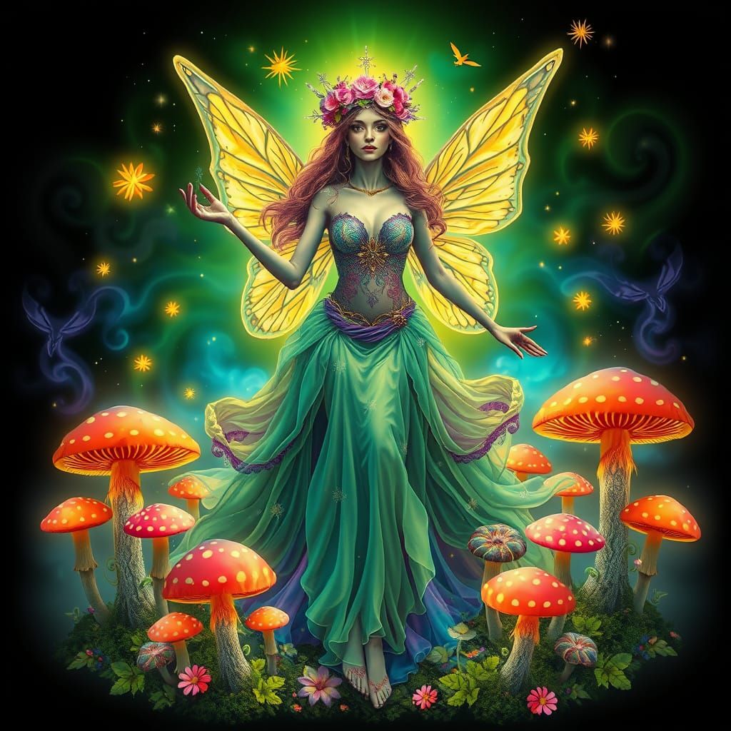Psychedelic Fairy Goddess on Vibrant Mushroom
