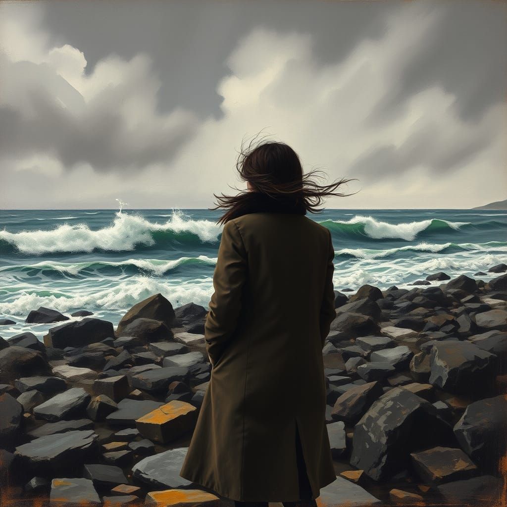 Woman on Rocky Beach in Somber Expressive Style