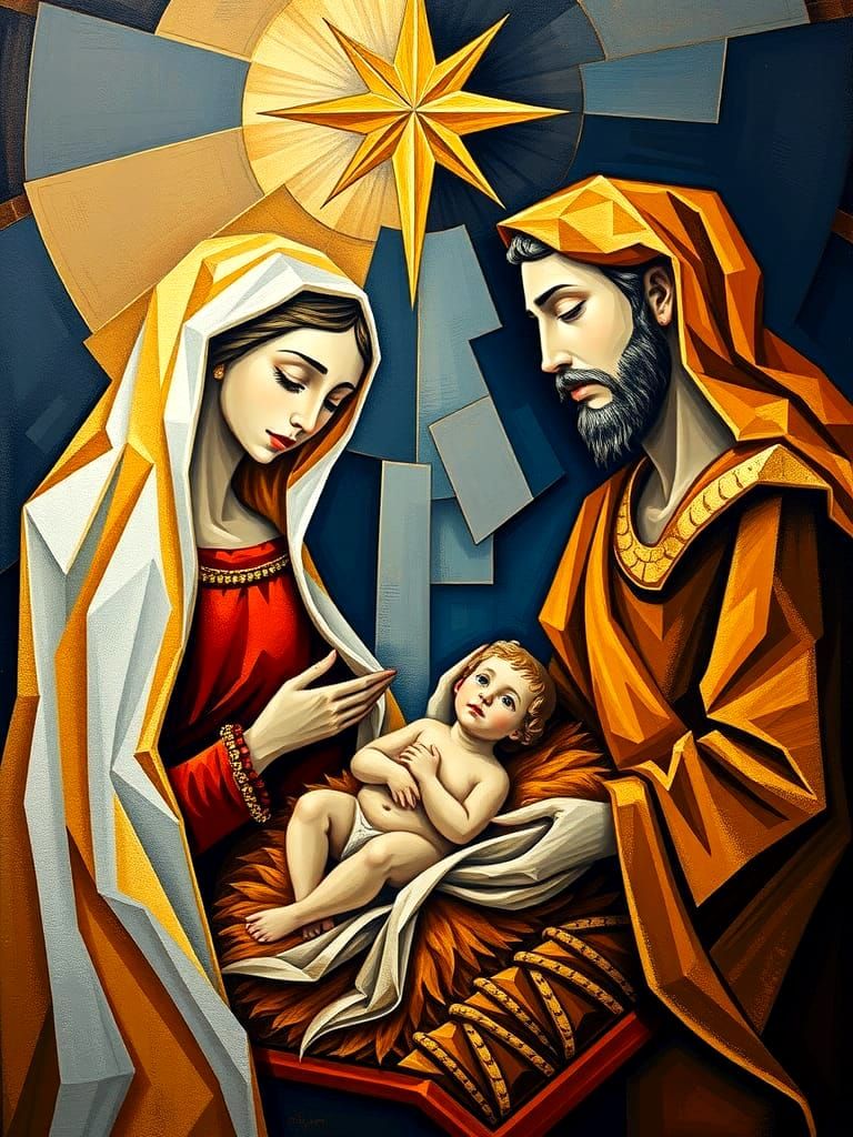 Cubist Nativity Scene with Gold and Silver Star