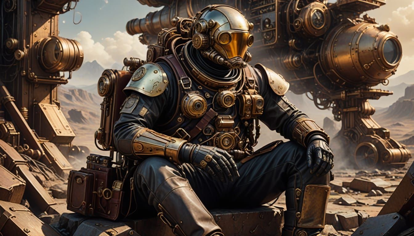 Steampunk Astronaut Takes a Break on a Barren Planet