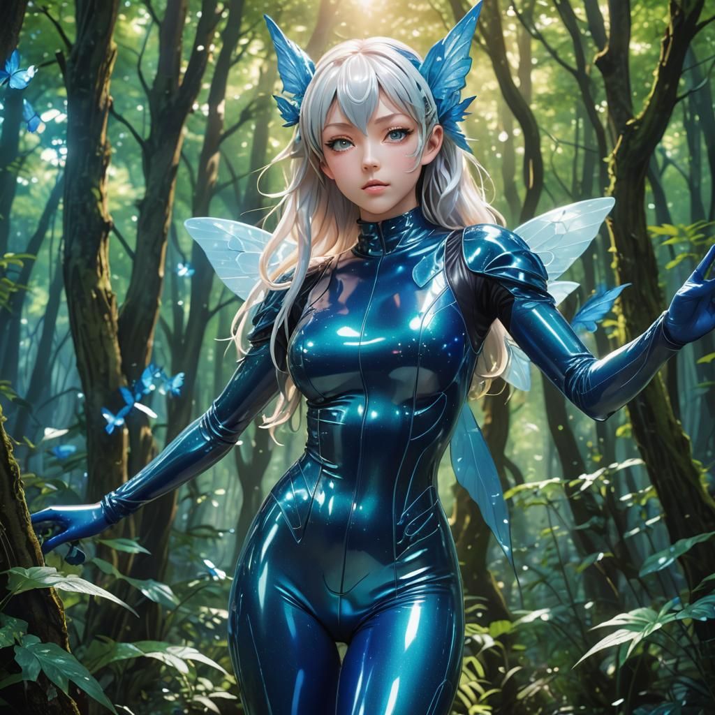 Surreal Blue Fairy in Shimmering Catsuit