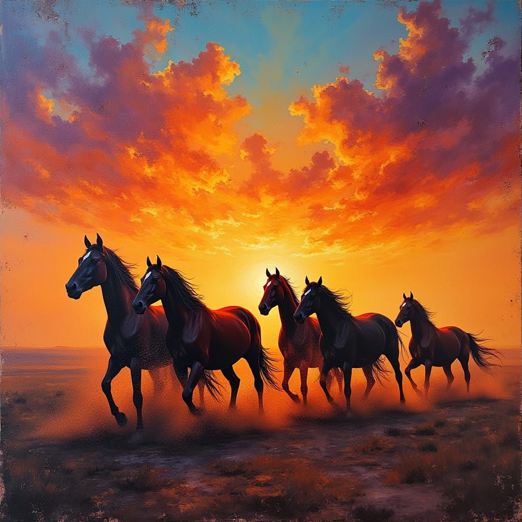 Wild Horses at Sunset in Decoupage Transfer Art Style