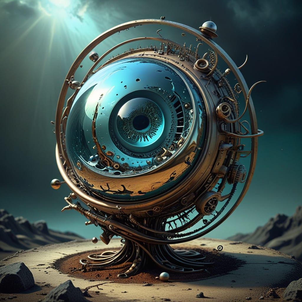 Surrealist Masterpiece in Metallic Hues: Mysterious and Symb...