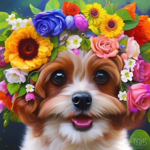 Puppy in Flower Crown: Whimsical Hyperrealistic Digital Art