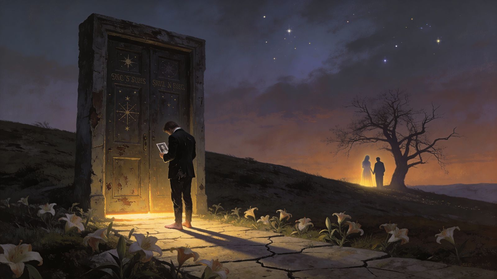 Figure at Twilight Doorway, Celestial Symbols, Painterly Chi...