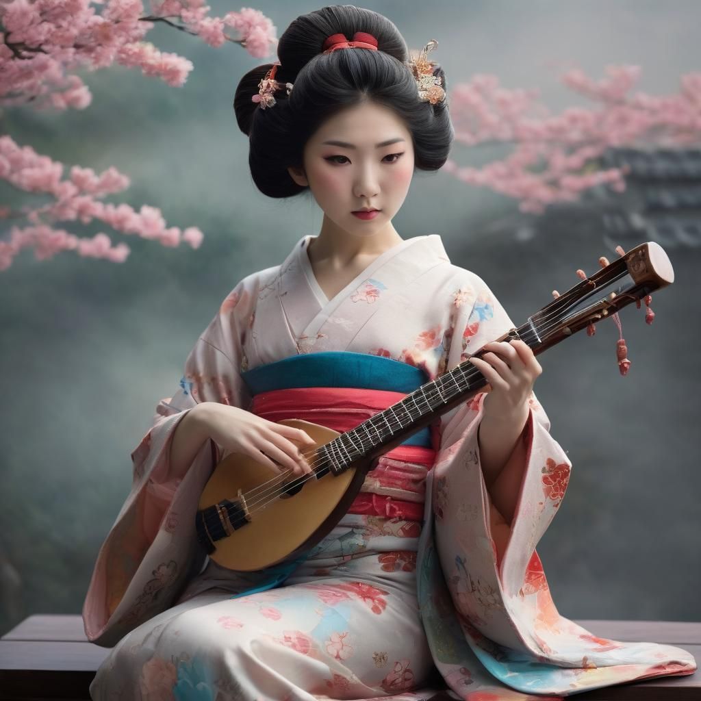 Graceful Geisha Playing Shamisen in Dreamlike Setting